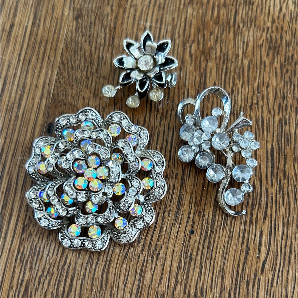 Vintage Crystal Rhinestone Brooch Trio